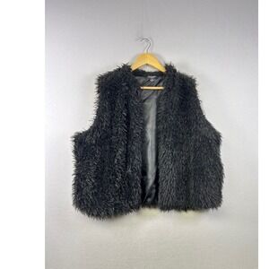 Rouge Collection Faux Fur Vest Womens 2X Black Shaggy Open Front